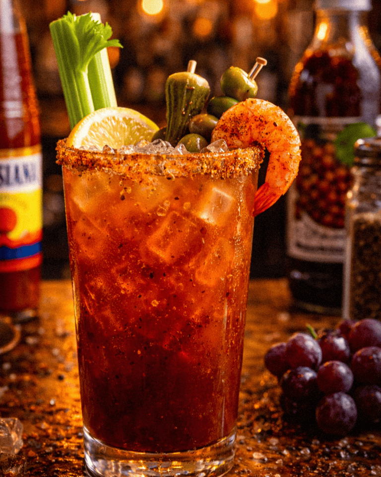 A colorful Bloody Mary cocktail garnished with celery, lemon, olives, and a shrimp, served on a bar.