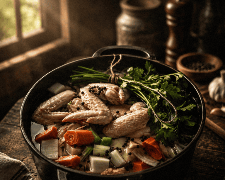 Delicious homemade chicken stock with carrots, celery, and herbs in a cast iron pot.
