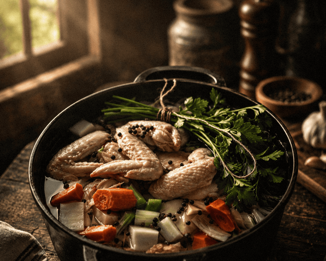 Delicious homemade chicken stock with carrots, celery, and herbs in a cast iron pot.
