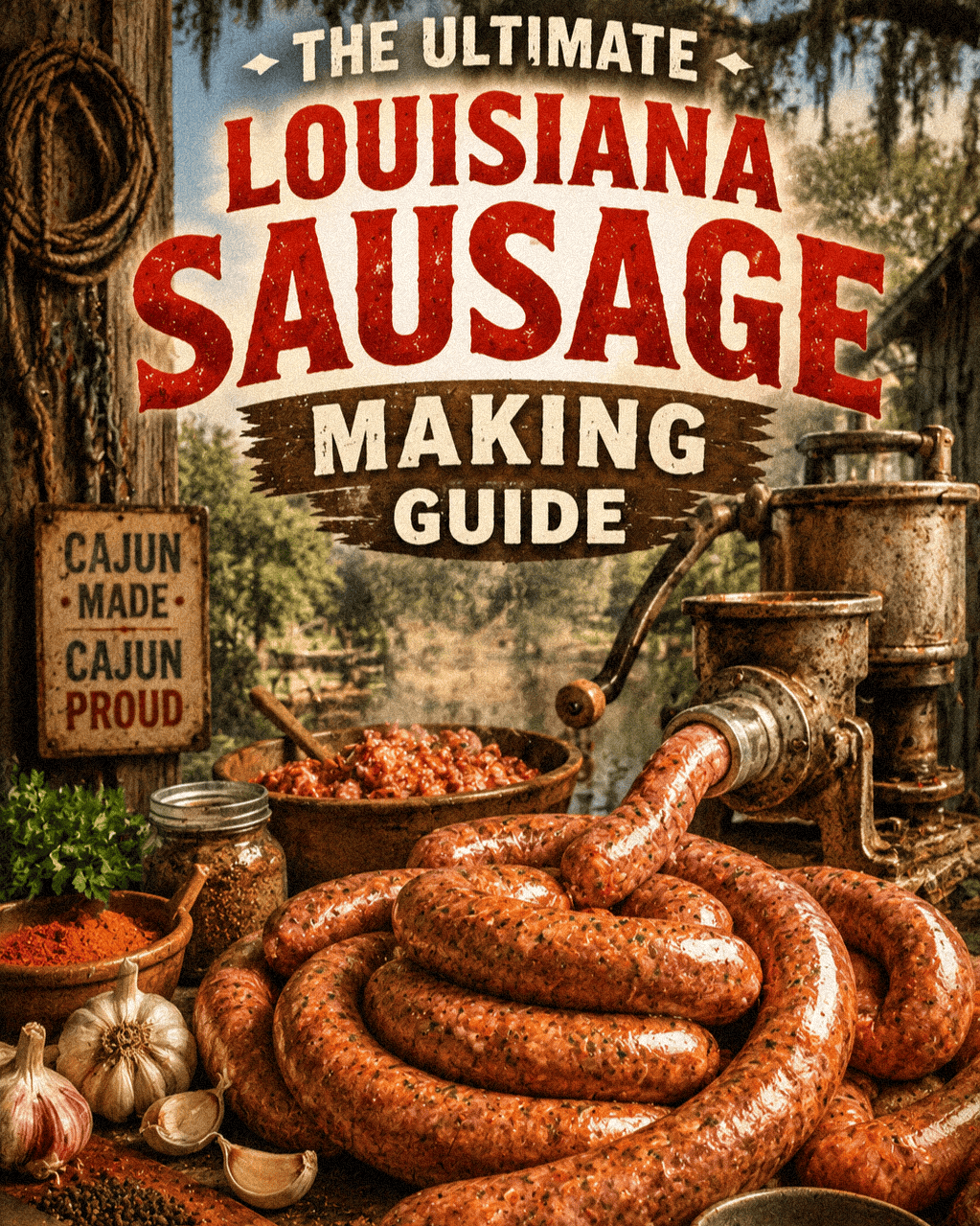 A delicious display of Louisiana sausage with a making guide and fresh ingredients.