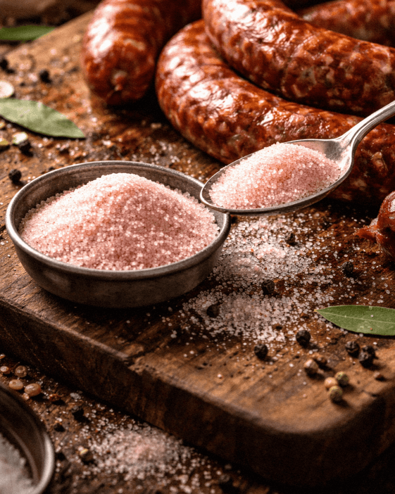 Smoked sausages on a wooden board with pink curing salt, black pepper, and bay leaves.