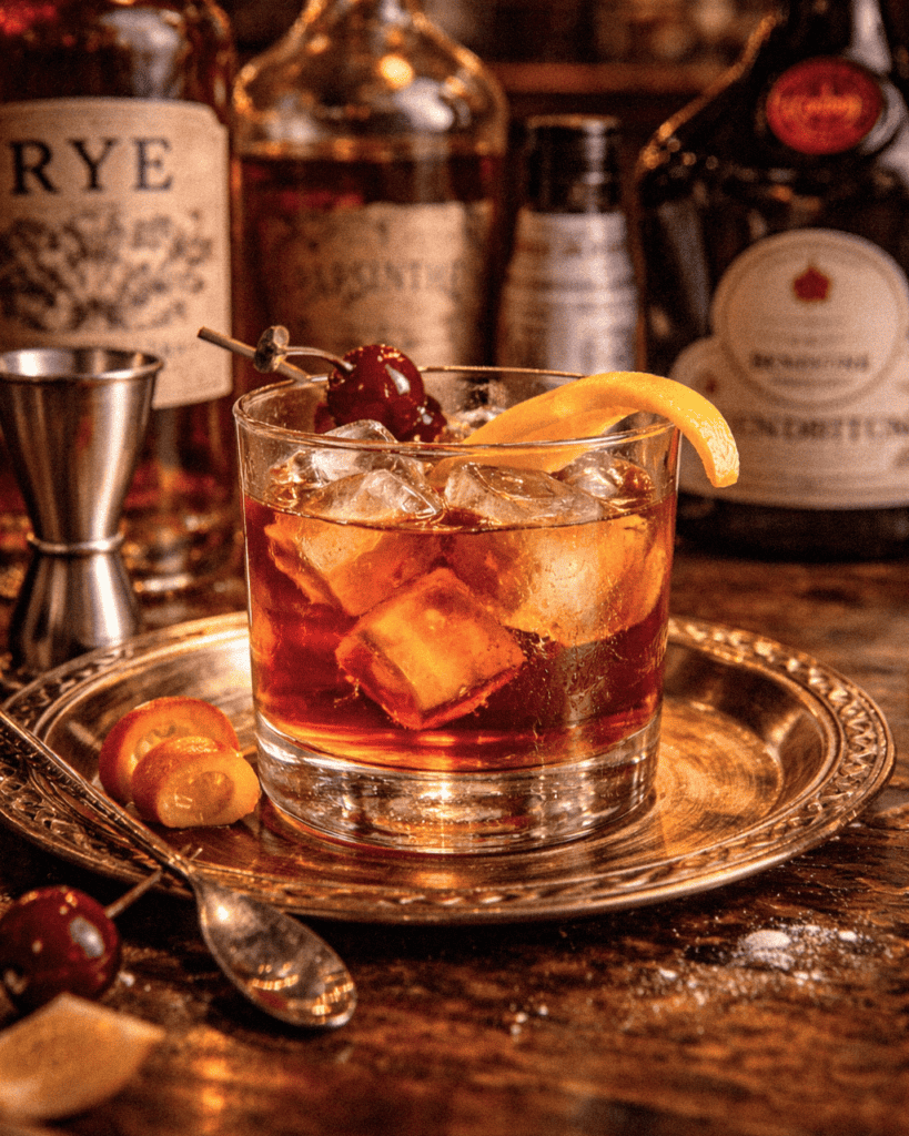 A Vieux Carre cocktail with ice, cherry, and orange slice garnishes on a decorative tray, surrounded by liquor.