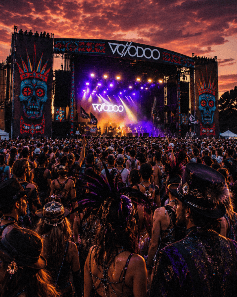 Voodoo Music Festival stage with vibrant lighting and large crowd at sunset.