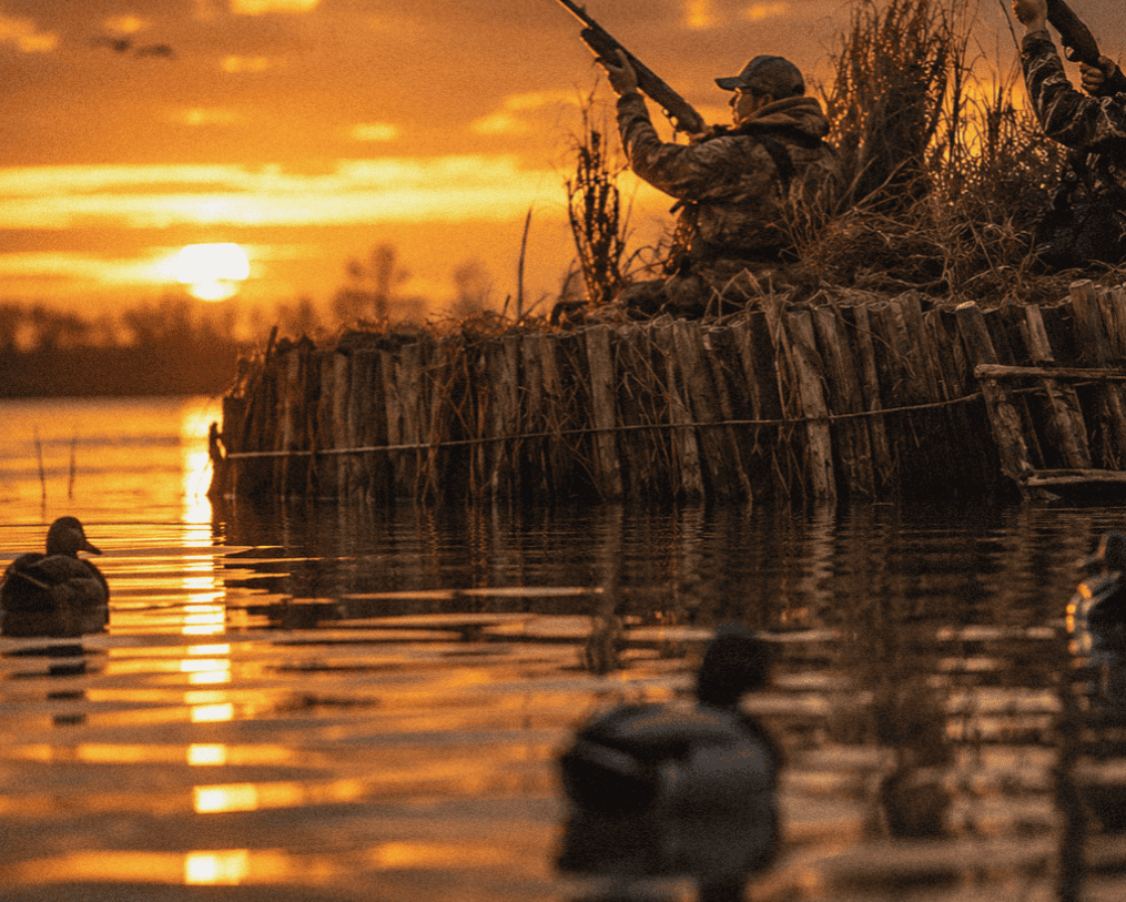 Duck hunters in a blind in the marsh at sunrise on a tranquil lake.