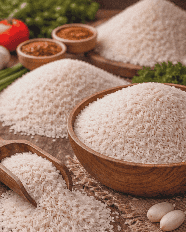 Fresh white rice in wooden bowls and scoops, with spices and vegetables in the background as we talk about what rice to use in jambalaya.