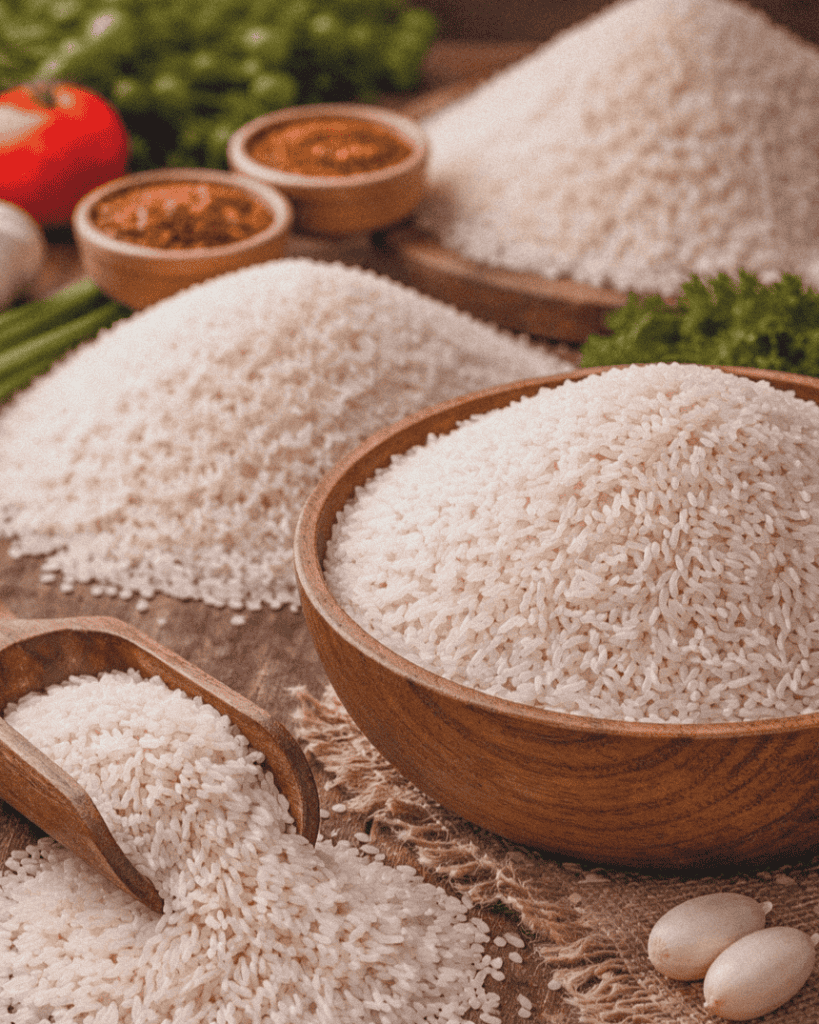 Fresh white rice in wooden bowls and scoops, with spices and vegetables in the background as we talk about what rice to use in jambalaya.