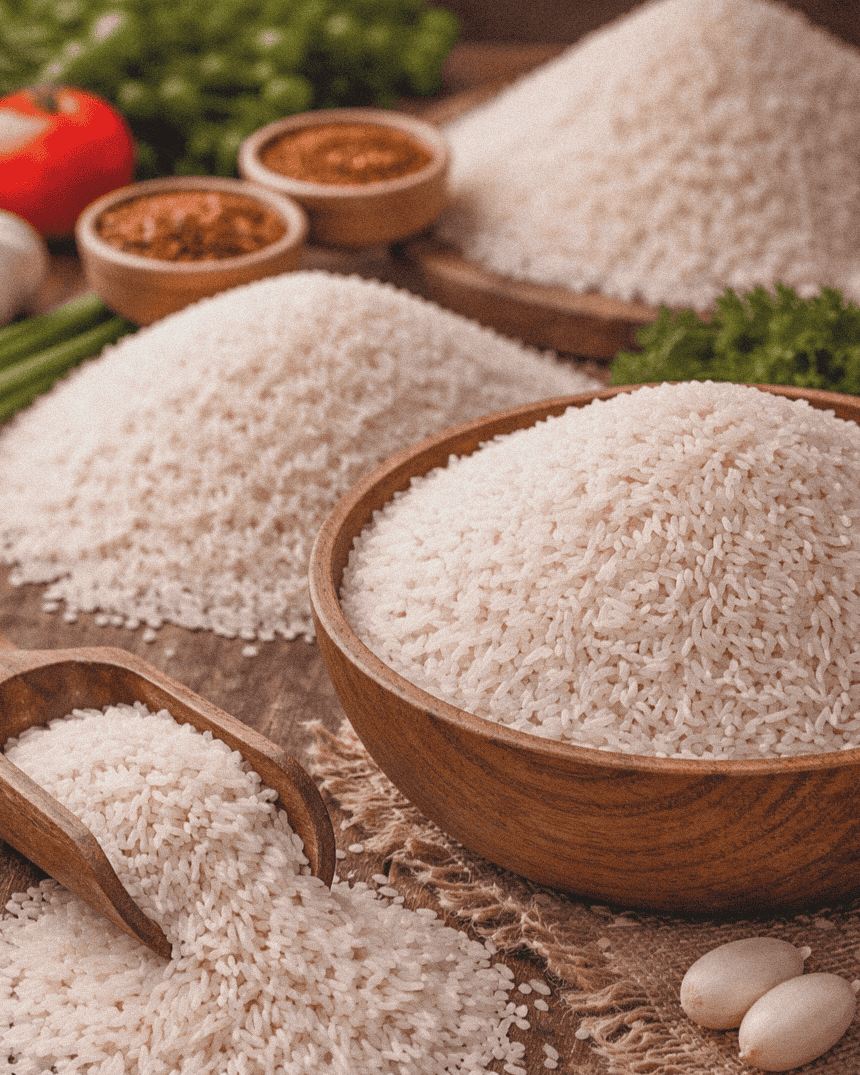 Fresh white rice in wooden bowls and scoops, with spices and vegetables in the background as we talk about what rice to use in jambalaya.