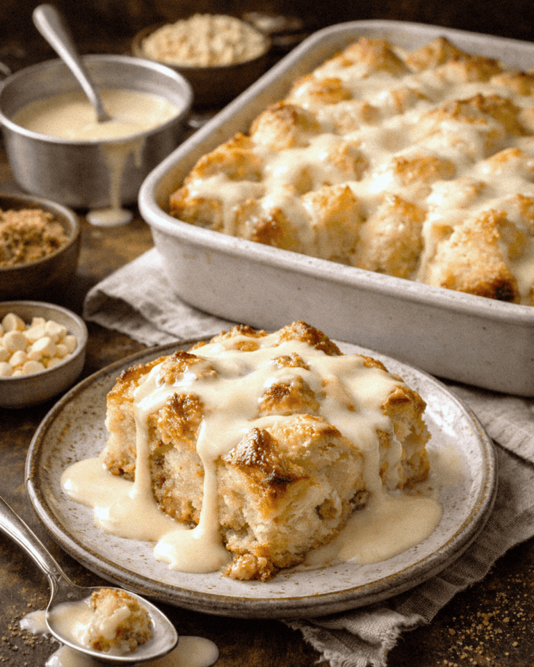 Creamy homemade bread pudding with white chocolate sauce served on a white plate.