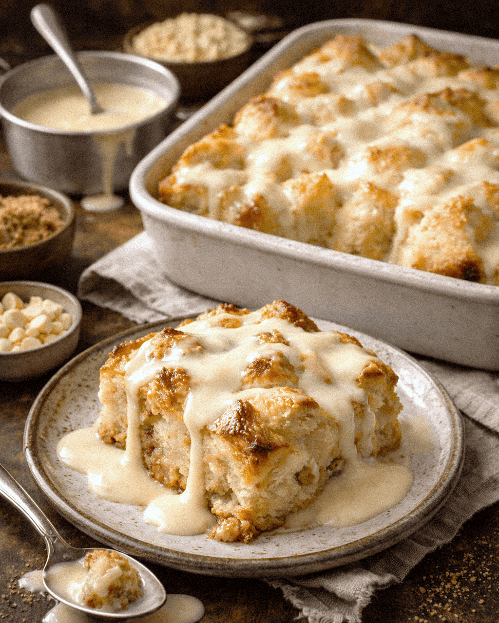 Creamy homemade bread pudding with white chocolate sauce served on a white plate.