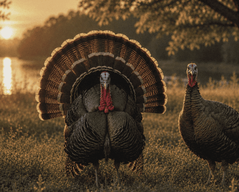 A male gobbler fanned out and a hen turkey standing in an open field at sunrise.