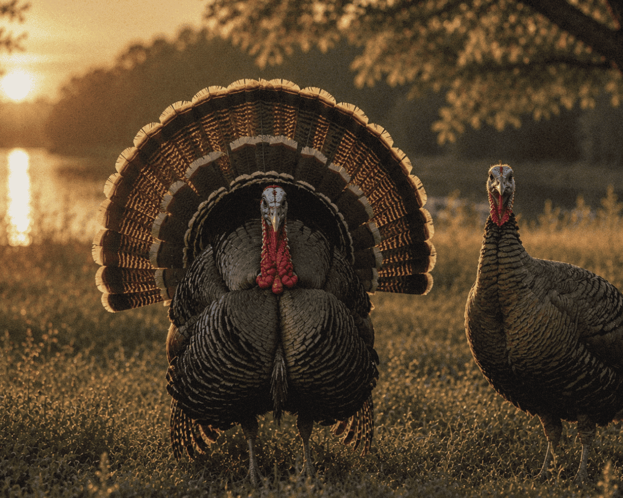 A male gobbler fanned out and a hen turkey standing in an open field at sunrise.