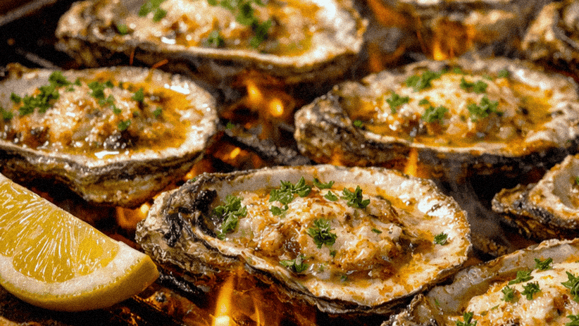 A grill with fresh oysters on top covered in garlic, butter and fresh lemon juice with flames and smoke coming up making chargrilled oysters.