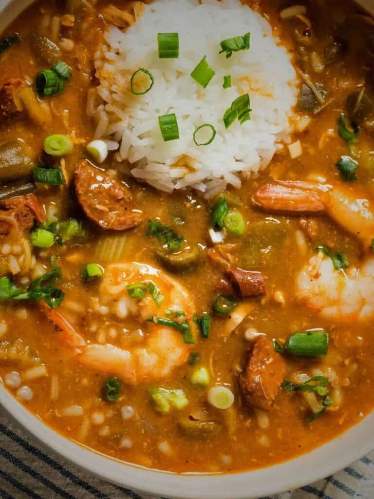 Louisiana Cajun shrimp and seafood gumbo with rice and green onions.