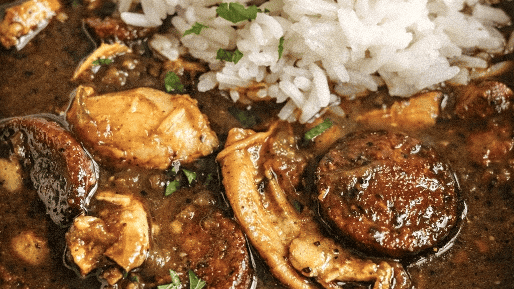 A bowl of Louisiana gumbo made with dark roux with smoked sausages and chicken in it topped with fresh herbs and parsley.