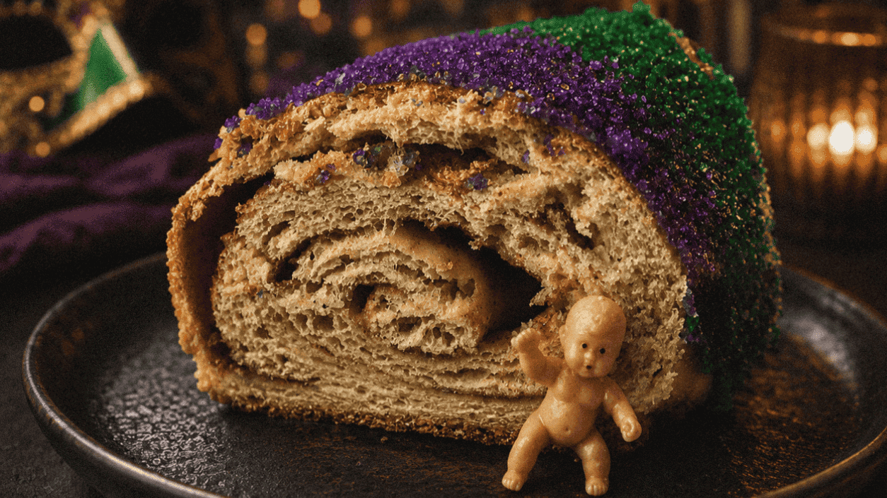 Traditional Mardi Gras King Cake with colorful icing and baby figurine, perfect for celebrations.