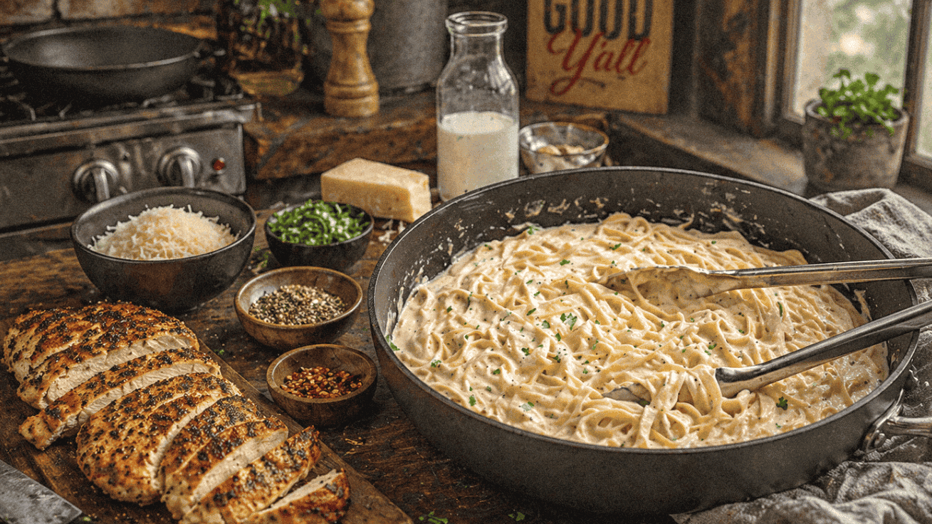 Fettuccine Alfredo with grilled chicken, herbs, and spices on rustic kitchen table.