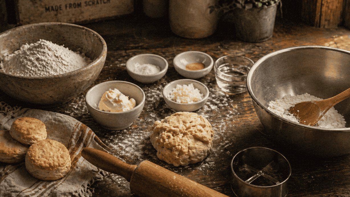 Baking ingredients for homemade biscuits on rustic wooden table with rolling pin.