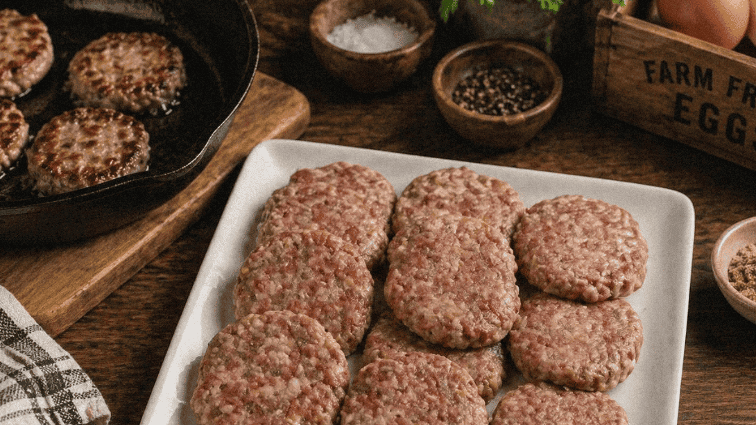 Delicious raw breakfast patties ready for cooking, displayed on a white plate with fresh herbs.