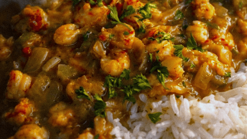 Delicious and creamy crawfish etouffee served over white rice, garnished with fresh parsley.