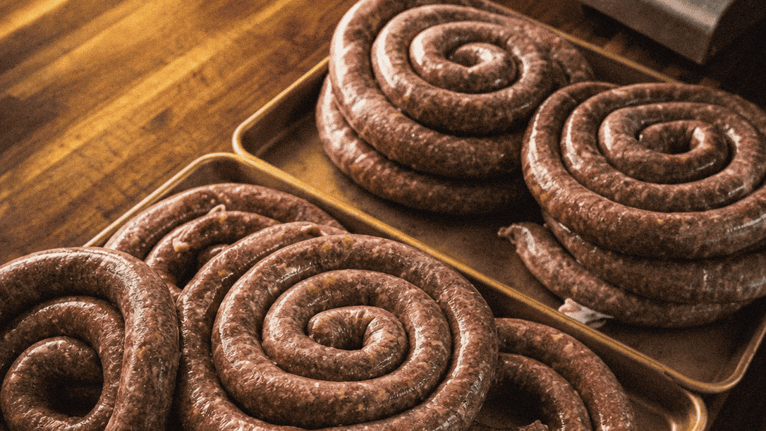 Raw sausage links arranged in a spiral shape on a wooden surface.