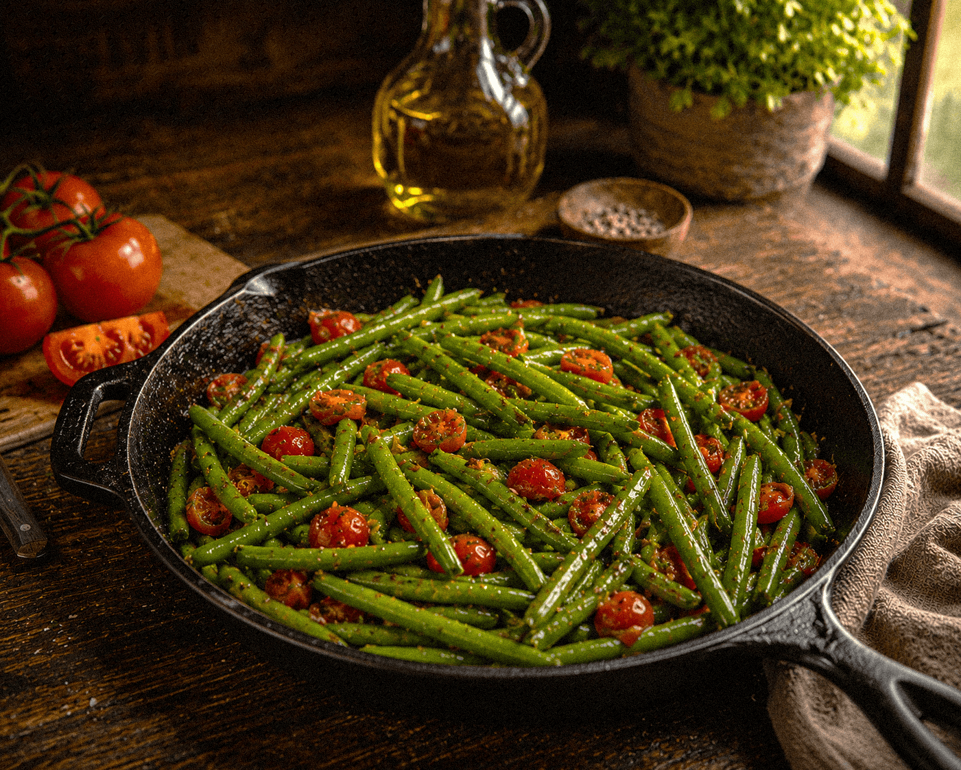 Fresh green beans with cherry tomatoes in a cast iron skillet, Louisiana-style dish.