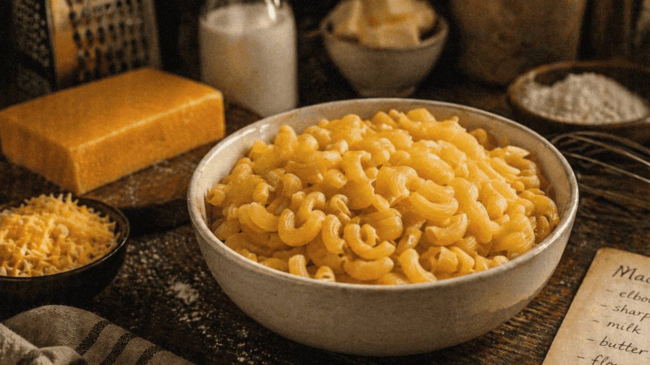 Delicious, cooked macaroni noodles ready to make creamy macaroni and cheese served in a rustic bowl with ingredients around.