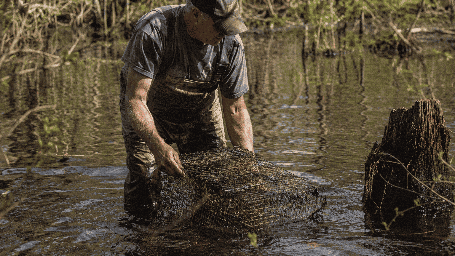 Man fishing in Louisiana swamp with net and cypress trees.