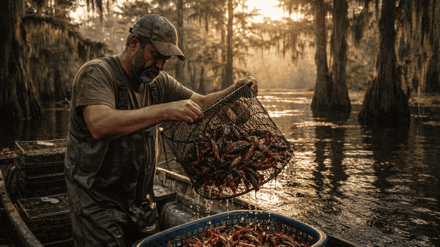Fresh crawfish being harvested from a swamp during sunset in Louisiana.
