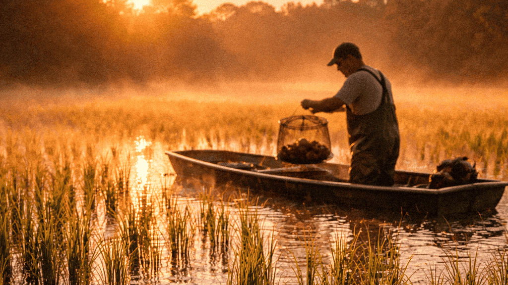 Fisherman in a boat harvesting crawfish in a rice field at sunrise in a wetland landscape.