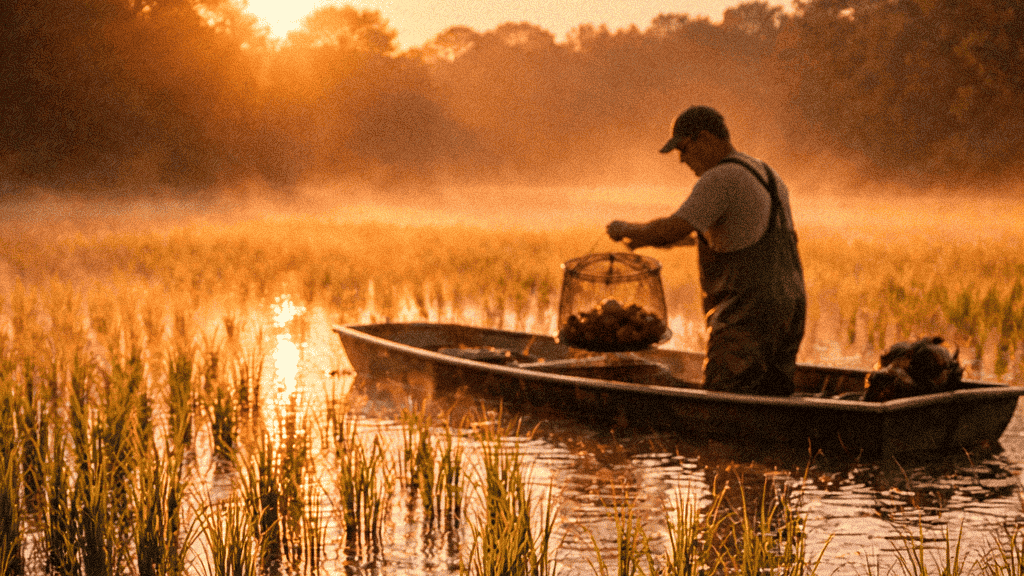 Fisherman in a boat harvesting crawfish in a rice field at sunrise in a wetland landscape.