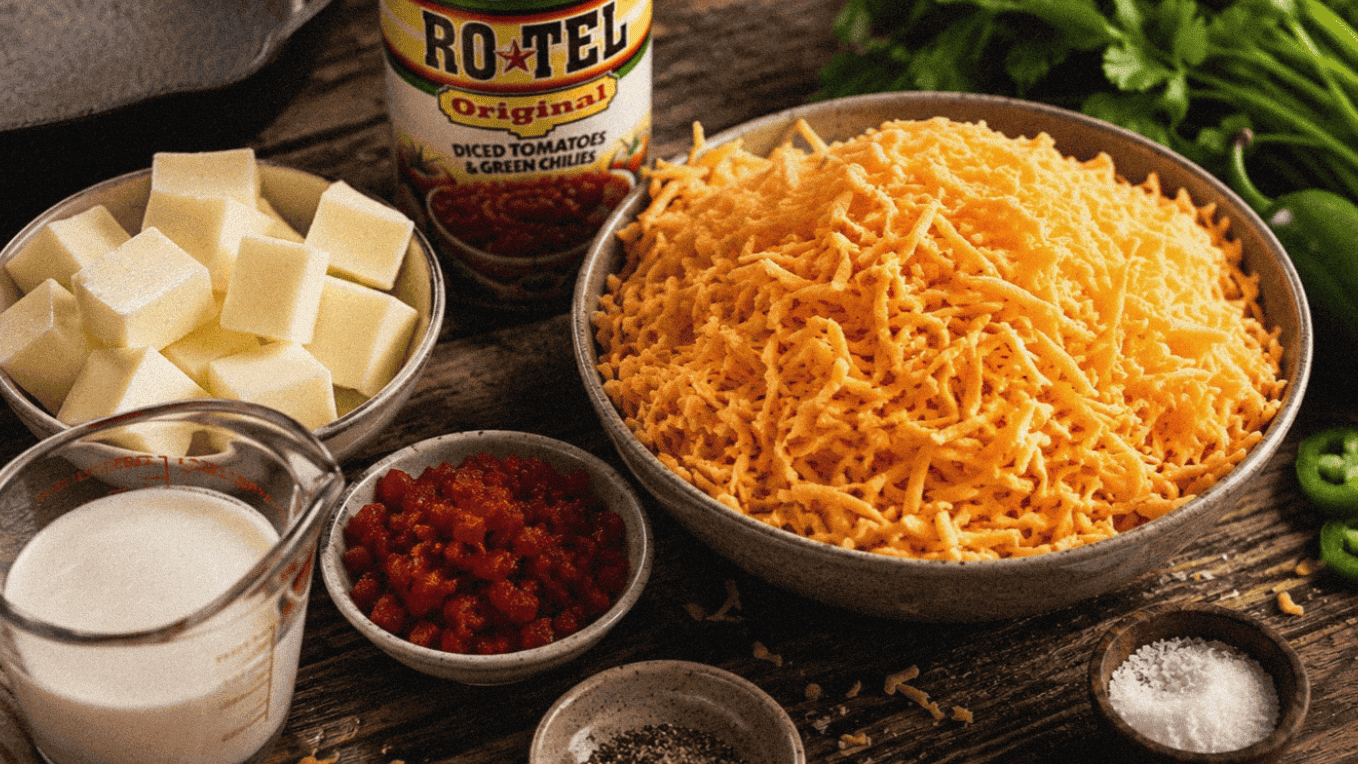 Ingredients for cheesy Rotel dip including cheese, canned tomatoes, and spices.