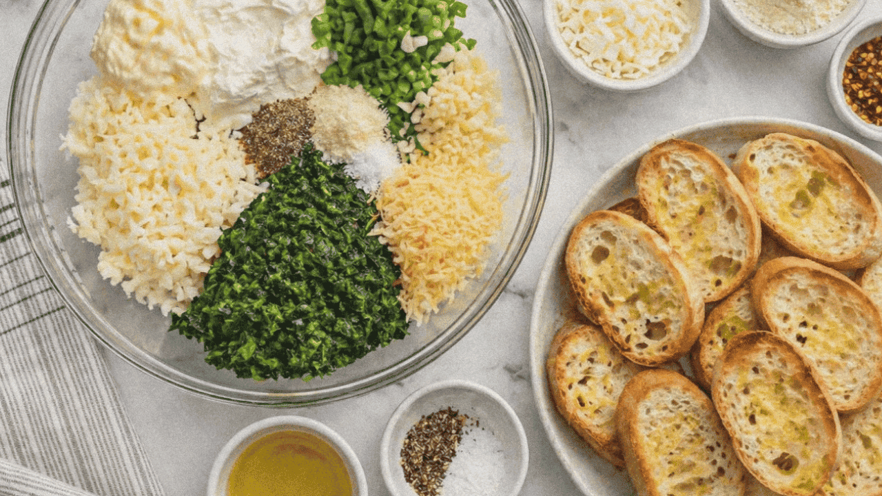 A bowl of fresh ingredients like cheeses and spinach for making dip with freshly baked garlic bread slices with cheese and herbs on a white plate.