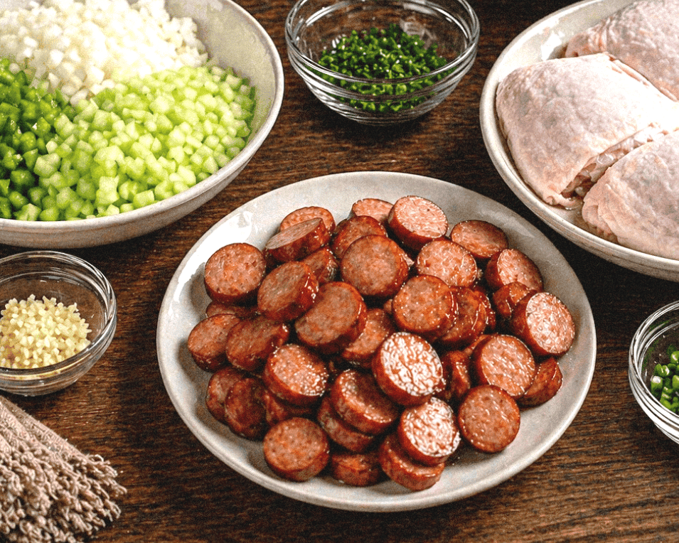 Delicious sausage slices, chicken thighs, and fresh chopped vegetables on a rustic wooden table.