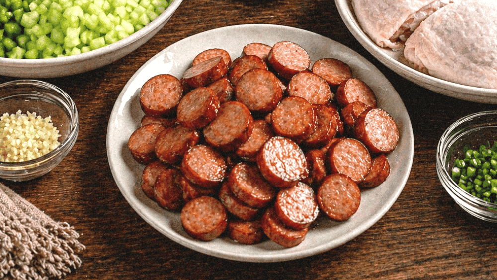 Grilled sausage slices with chopped green onions and raw chicken breasts on a wooden table.