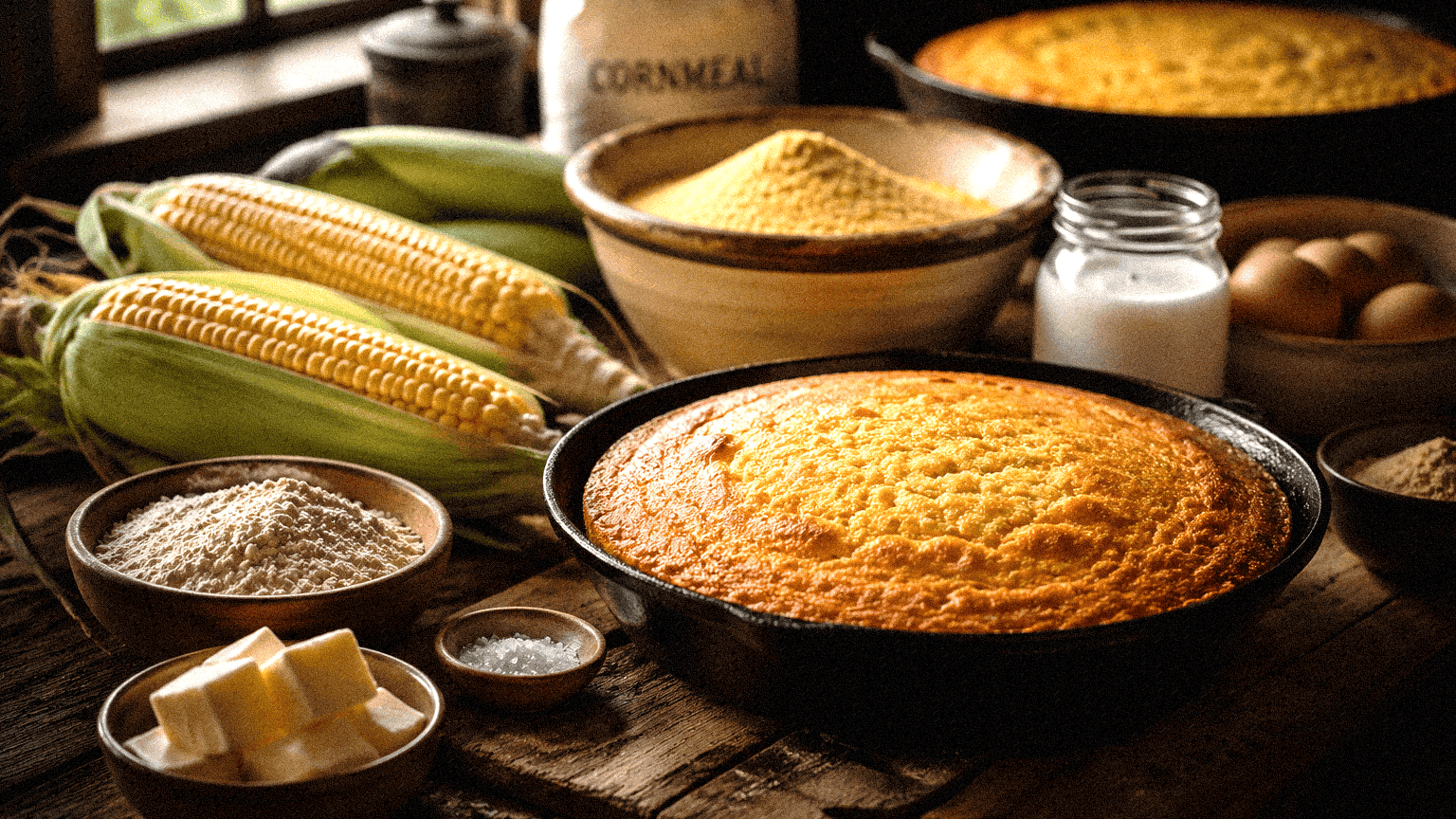 Homemade cornbread with corn, flour, eggs, and milk on a rustic table in Louisiana.