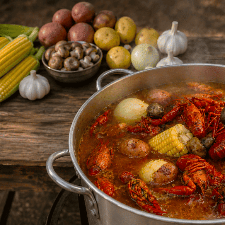Louisiana crawfish boil with corn, potatoes, and garlic on a rustic table.
