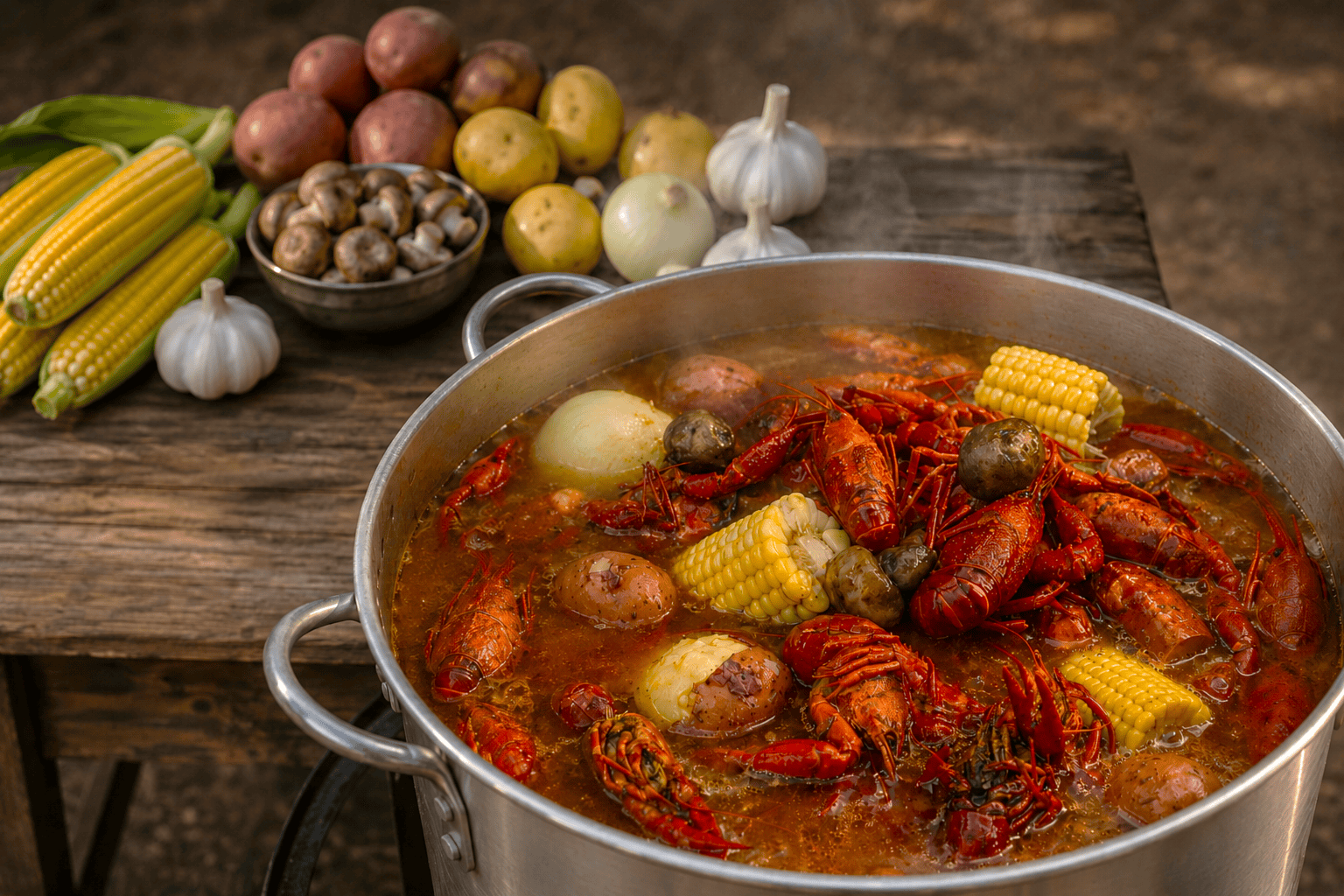 Louisiana crawfish boil with corn, potatoes, and spices in a large pot.