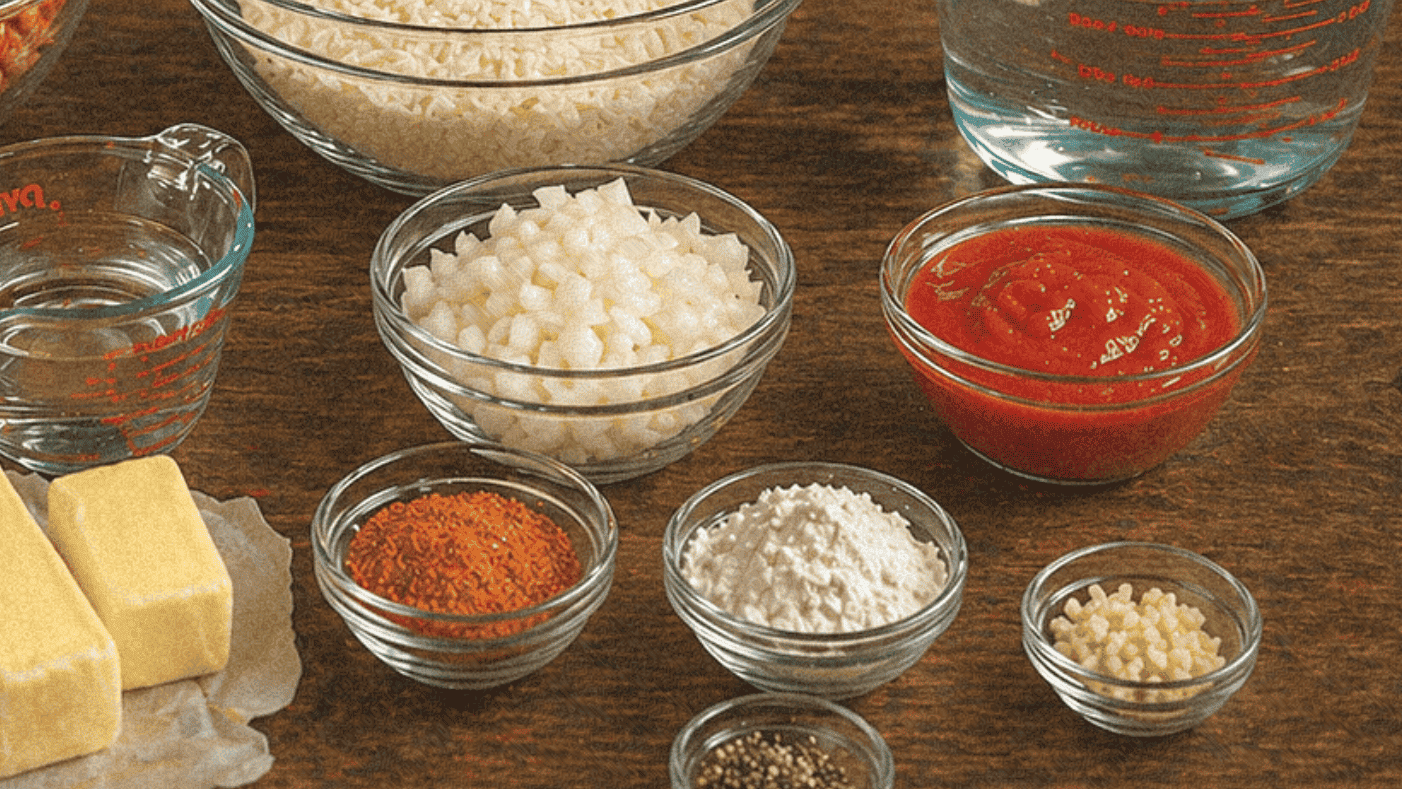 Assorted ingredients for creamy crawfish etouffee including rice, cheese, and seasonings.