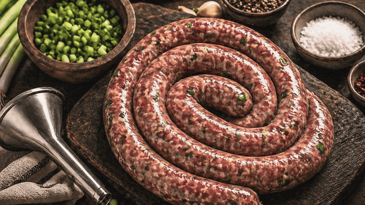 Fresh homemade sausage coiled on a wooden board with herbs and spices.