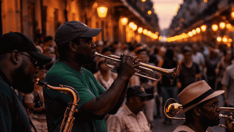 Vibrant street jazz band performing on Bourbon Street at sunset in a lively city scene.