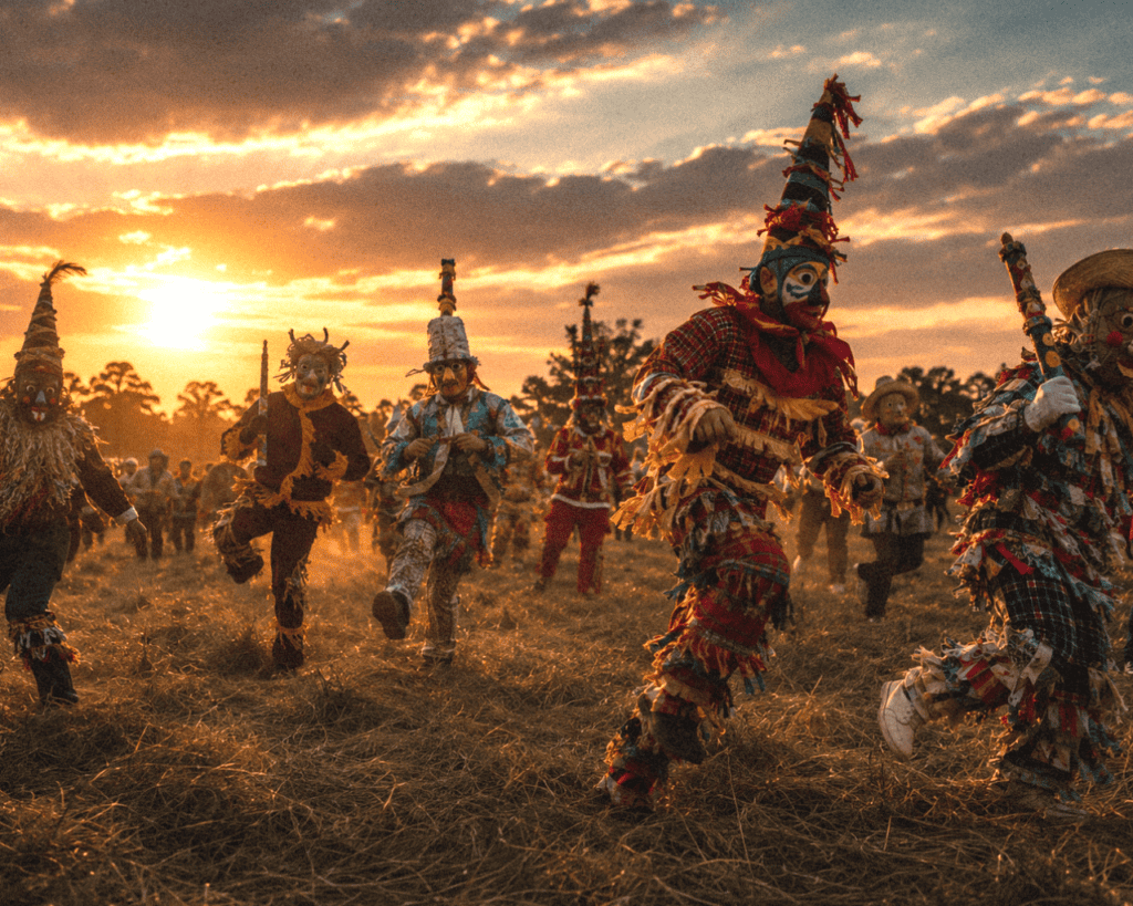 Colorful Cajun Mardi Gras masks and costumes at Louisiana festival at sunset.