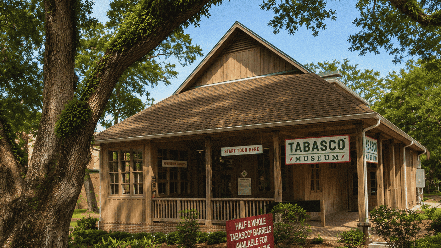 Historic Tabasco Museum house surrounded by trees and greenery in Louisiana.