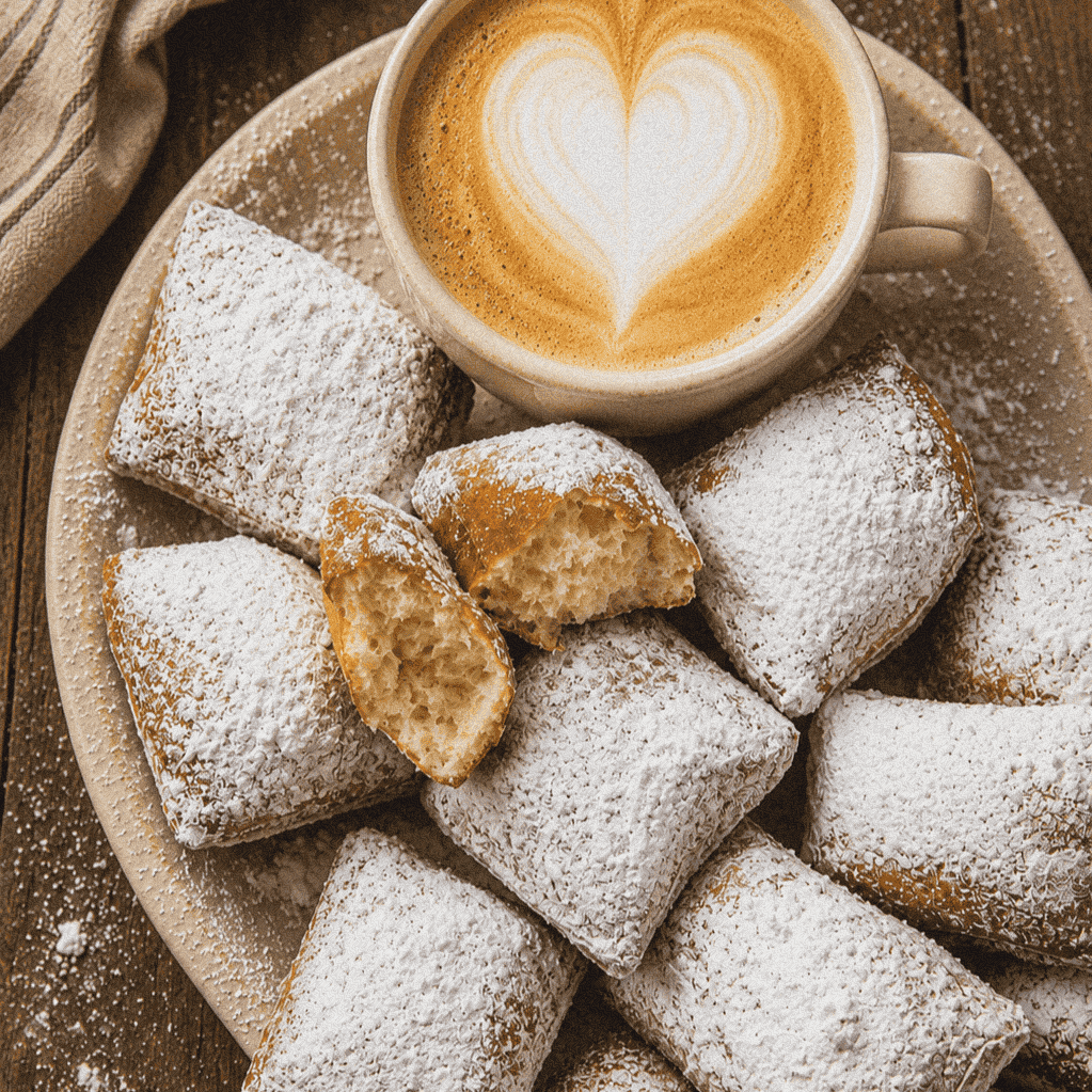 Louisiana-style beignets with coffee on a rustic plate.