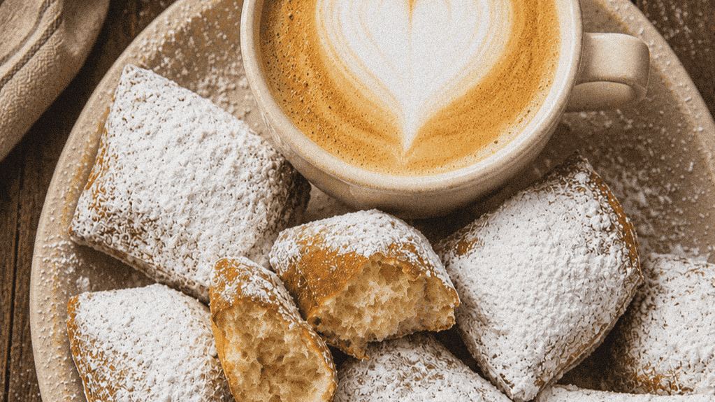 Louisiana-style beignets with coffee on a rustic plate.