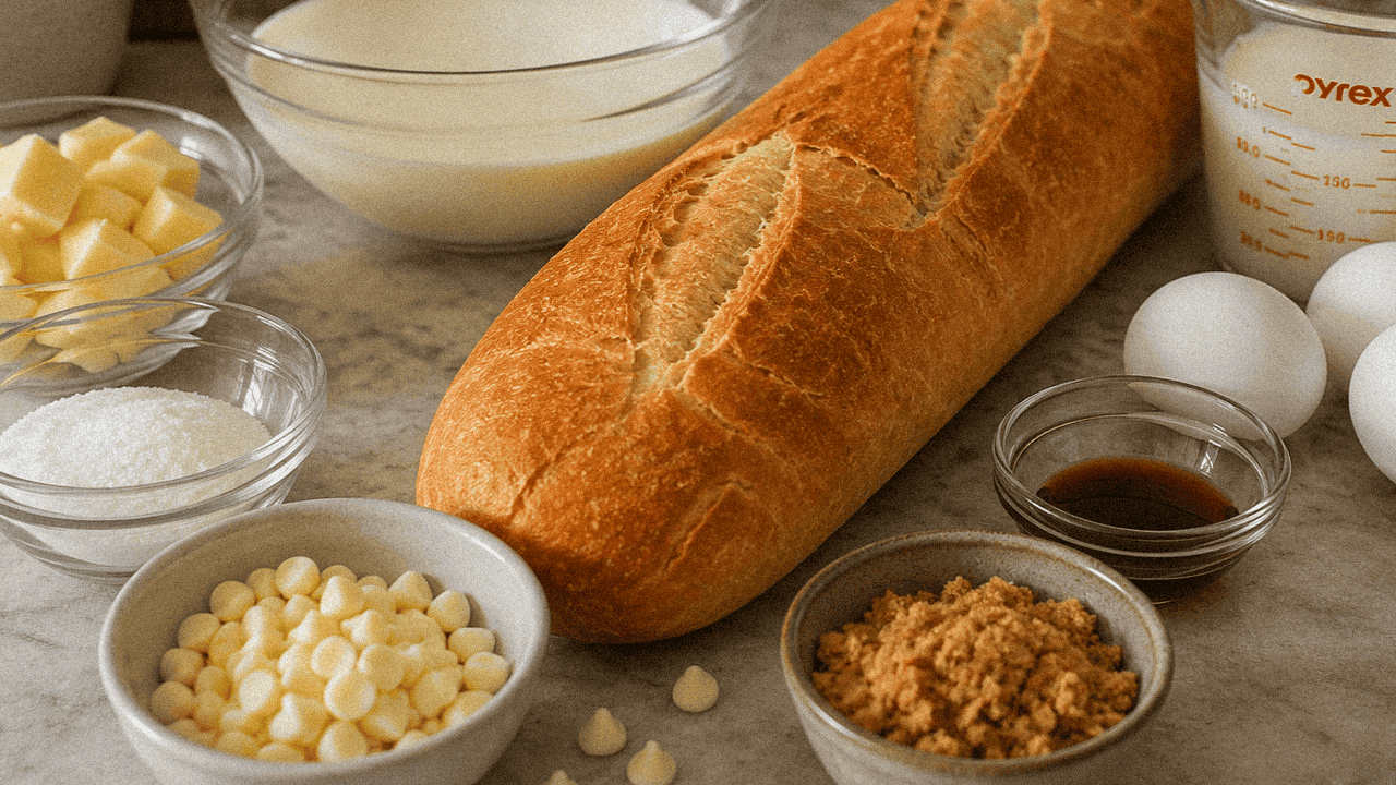 Fresh French bread with ingredients for Louisiana bread pudding or Cajun cooking.