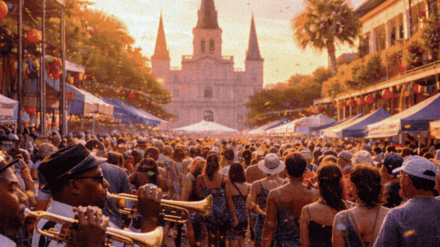 French Quarter Festival crowd enjoying live music and festivities in New Orleans.