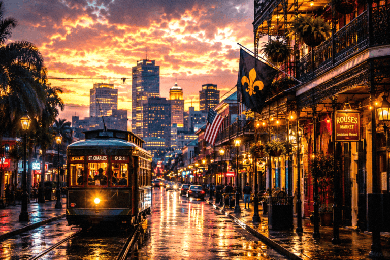 A stunning view of New Orleans street at sunset with historic streetcar and vibrant cityscape.