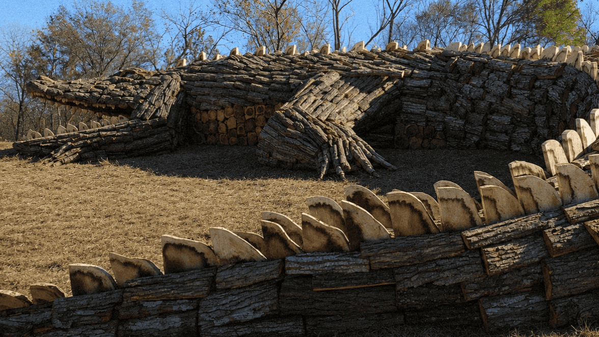 Wooden alligator bonfire sculpture crafted from logs and wood pieces, outdoor display.