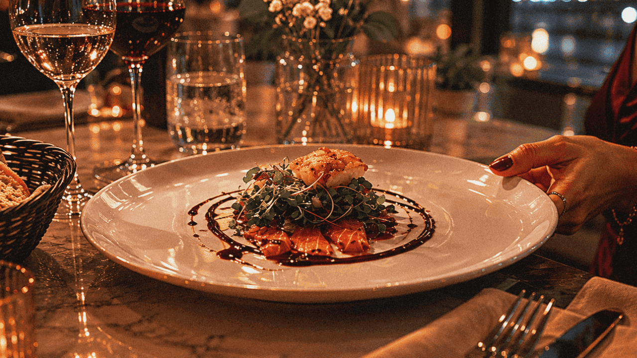 Elegant seafood dish with greens on a white plate, set on a romantic restaurant table with wine glas.