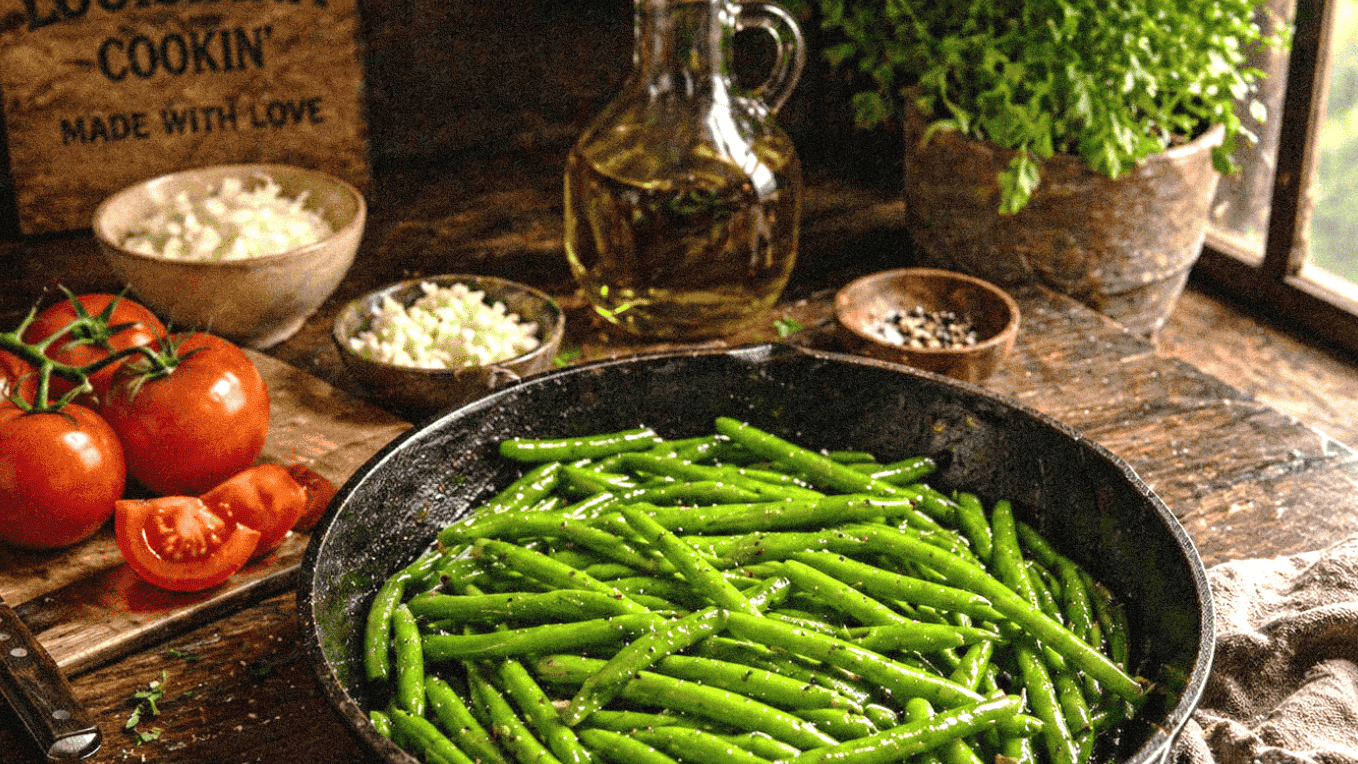 Healthy green beans sautéed in a skillet with fresh ingredients for nutritious eating.